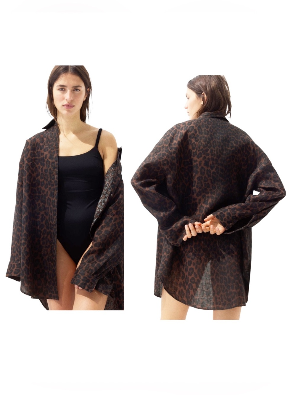 NWT H&M Brown Leopard Print Linen Button Down Oversized Shirt Large